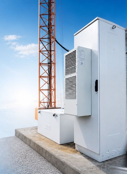 Gabinetes técnicos de energia e telecomunicações ao pé da torre